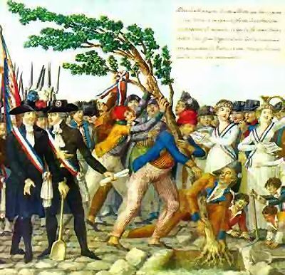 Het planten van de Vrijheidsboom in 1795 om het begin van de Bataafse Republiek te vieren door mannen die gekleed gingen als sans-culottes.