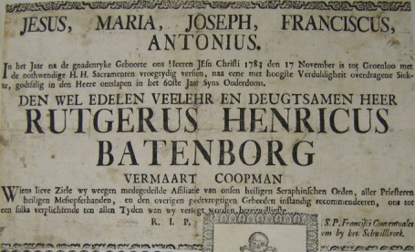 Plakaat met de aankondiging van het overlijden in 1783 van Rutger (van) Batenborg