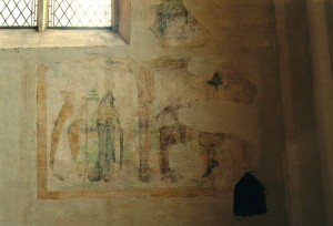 stichtersvoorstelling met kruisigingsschildering boven het fundament van het altaar van de Vicarie Sancti Nicolai, op de oostwand van de zuidelijke zijbeuk, vroeg zestiende eeuw, St. Jacobskerk te Winterswijk.